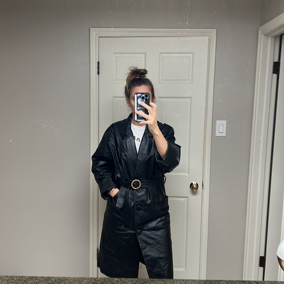 80s vintage black leather coat - Picture 4 of 7